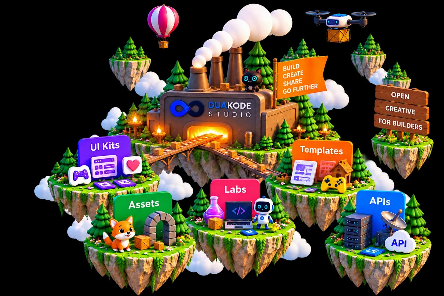 Duakode Foundry floating islands with UI Kits, Assets, Labs, Templates, and APIs workshops