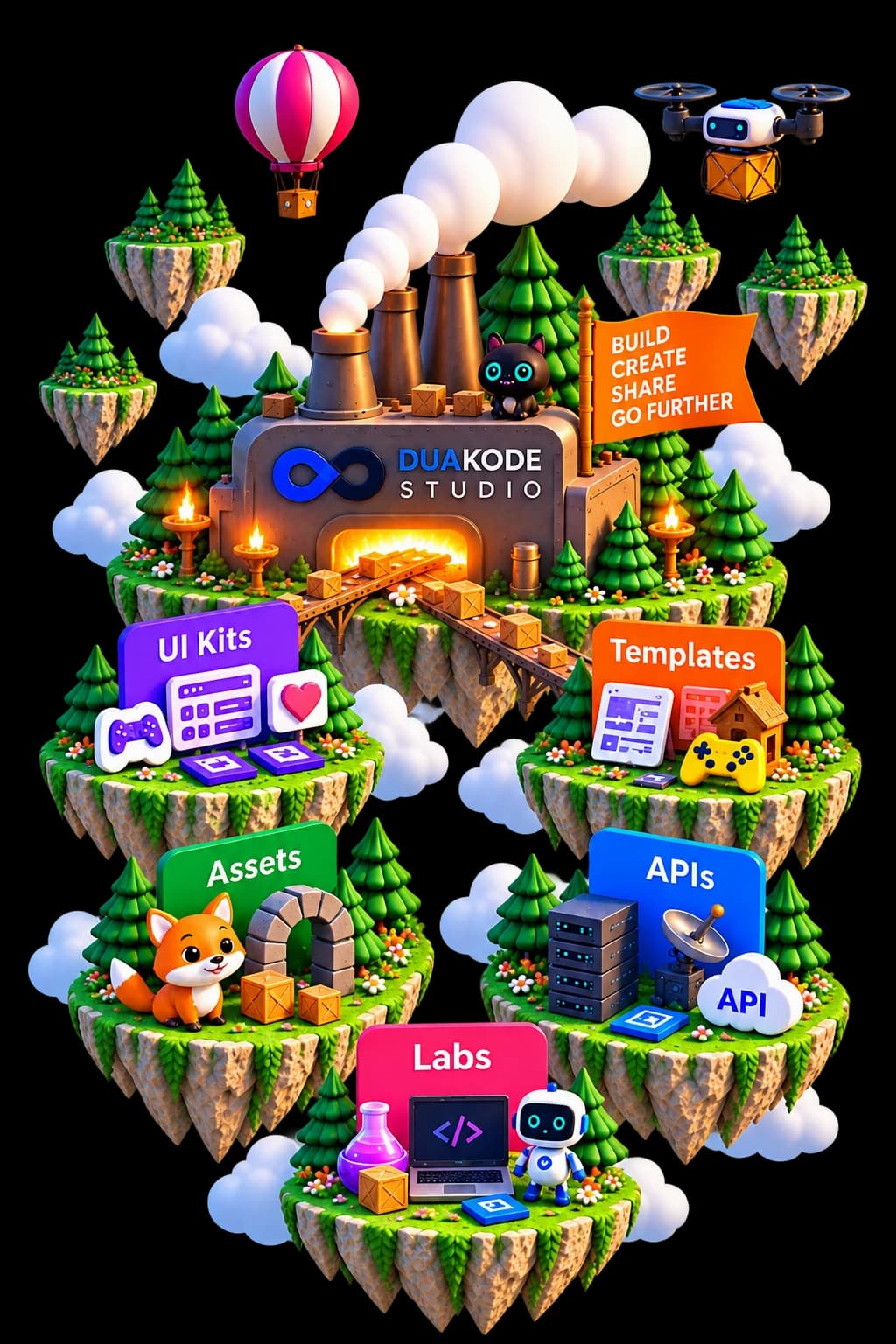 Duakode Foundry floating islands with UI Kits, Assets, Labs, Templates, and APIs workshops