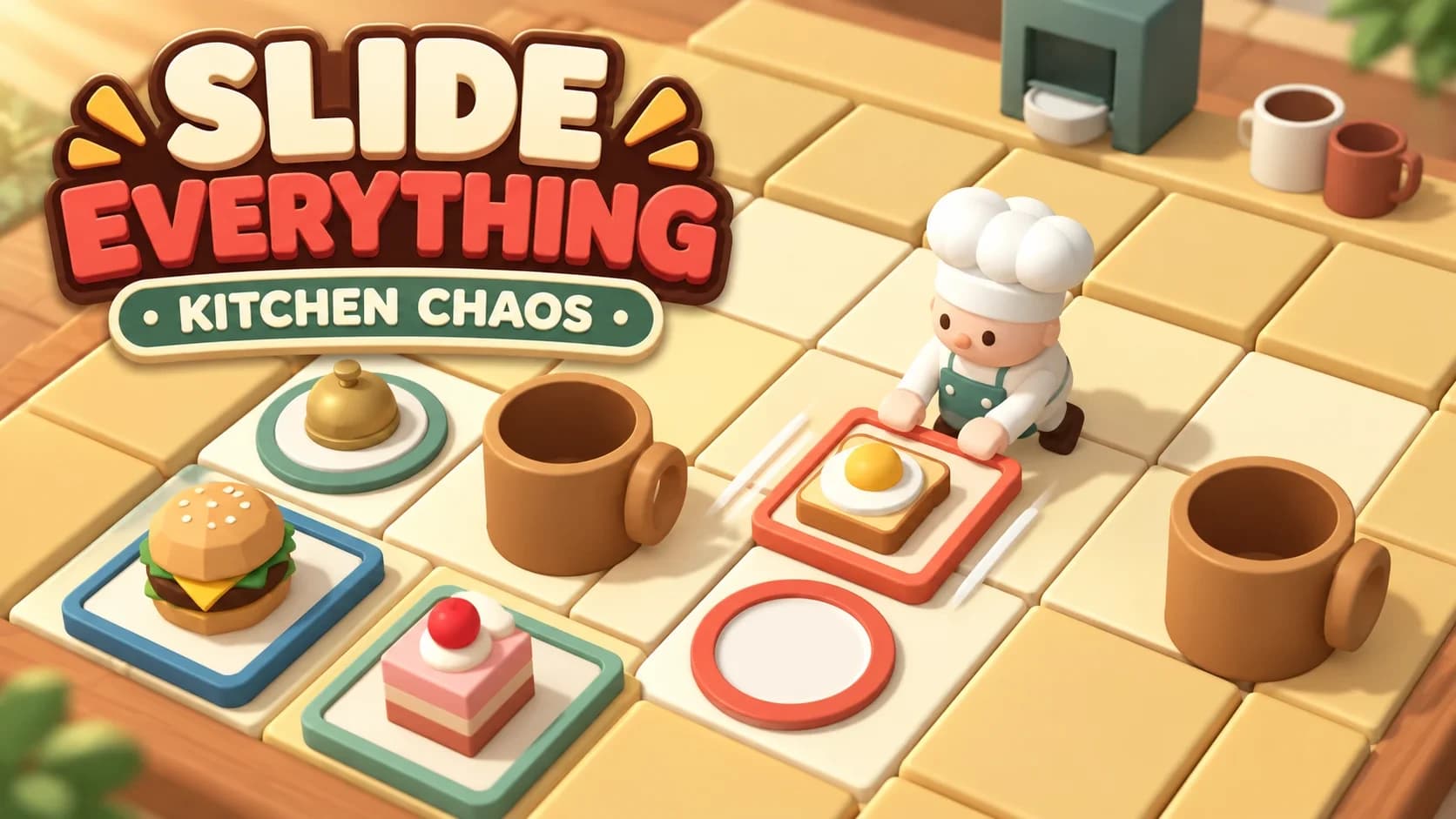 Slide Everything kitchen puzzle template with a chef pushing food trays toward matching plates