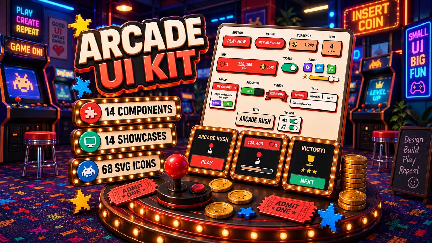 Arcade UI Kit cover featuring a bold retro arcade game interface